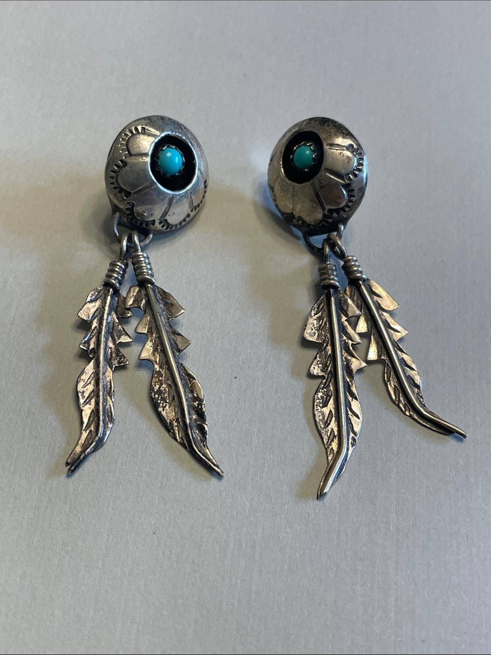 Vintage Navajo Sterling Silver Shadow Box Turquoise Feathers Dangle Earrings